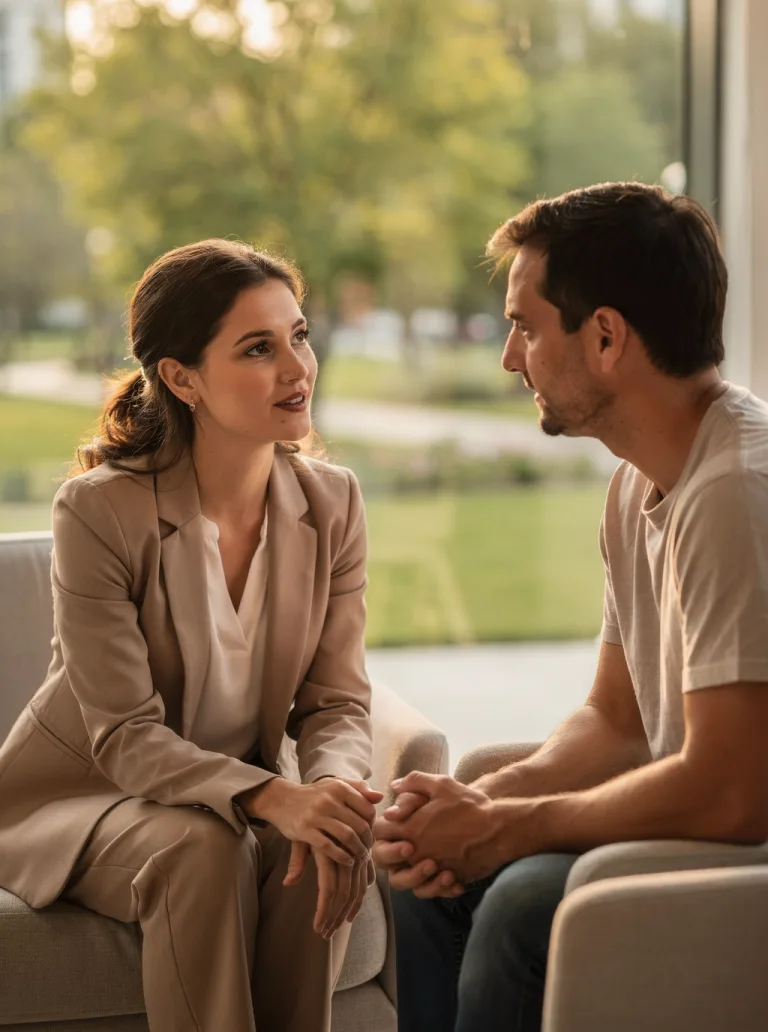 Clinician and adult in an illustrative consultation conversation.